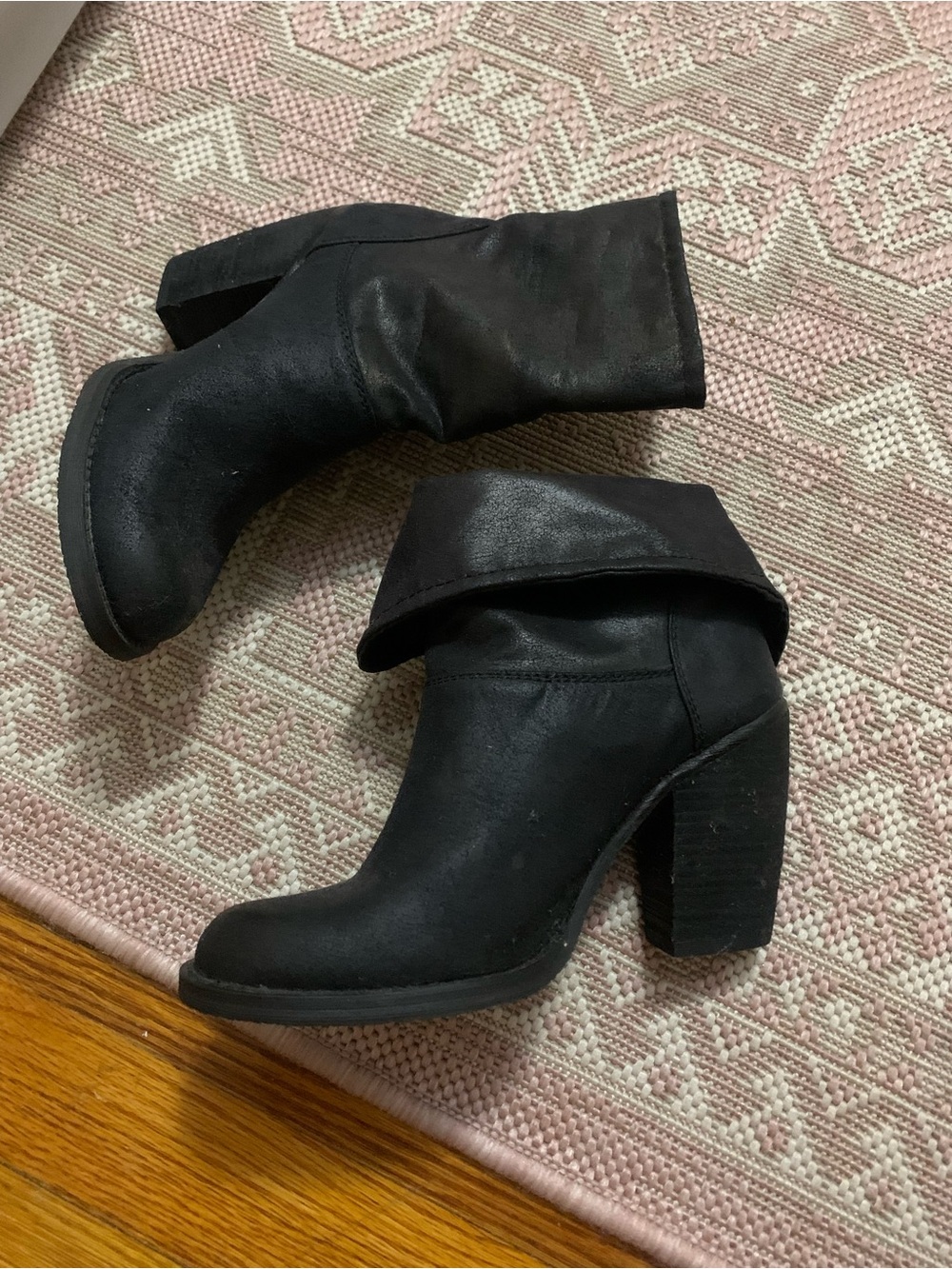 Women's Black Fold-Over Ankle Boots - Classic Block Heel